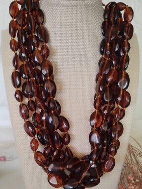 Multi-Strand Lucite  Amber Brown Bead Necklace - Women Jewelry